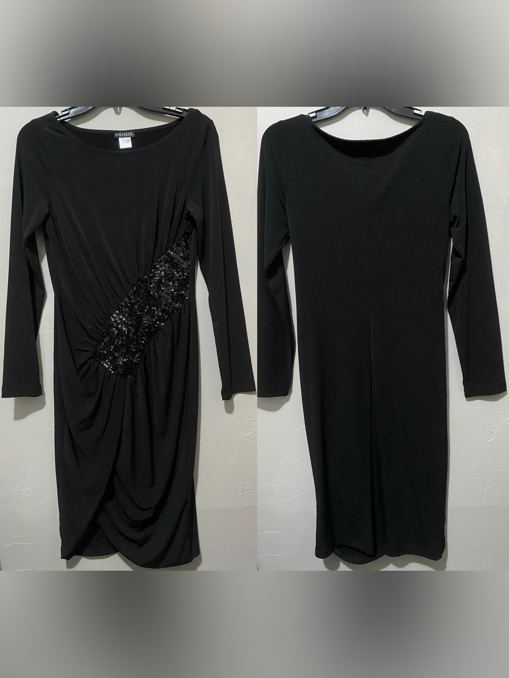 VENUS Black Long Sleeve Draped Dress with Sequin Side Panel